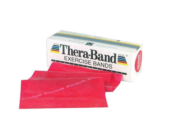 Taśma rehabilitacyjna Thera-Band 2,5m z ćwiczeniami (opór średni - czerwona)